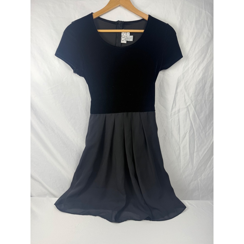 CDC Petites Size 2 Black Velvet Chiffon‎ Fit & Flare Party Dress Tie Waist